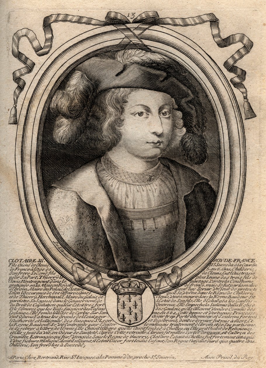 Porträtt av Clothaire III (652 - 673), kung av Neustrien och Bourgogne - Chlothar III eller Clotaire III, frankernas kung från merovingernas hus - gravyr från 