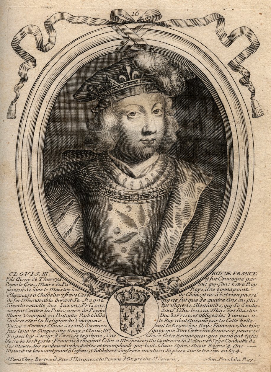 Porträtt av Clovis III, kung av frankerna från 691 till 695 - CLOVIS III Merovinger kung av Neustrien och Austrasien - gravyr från 