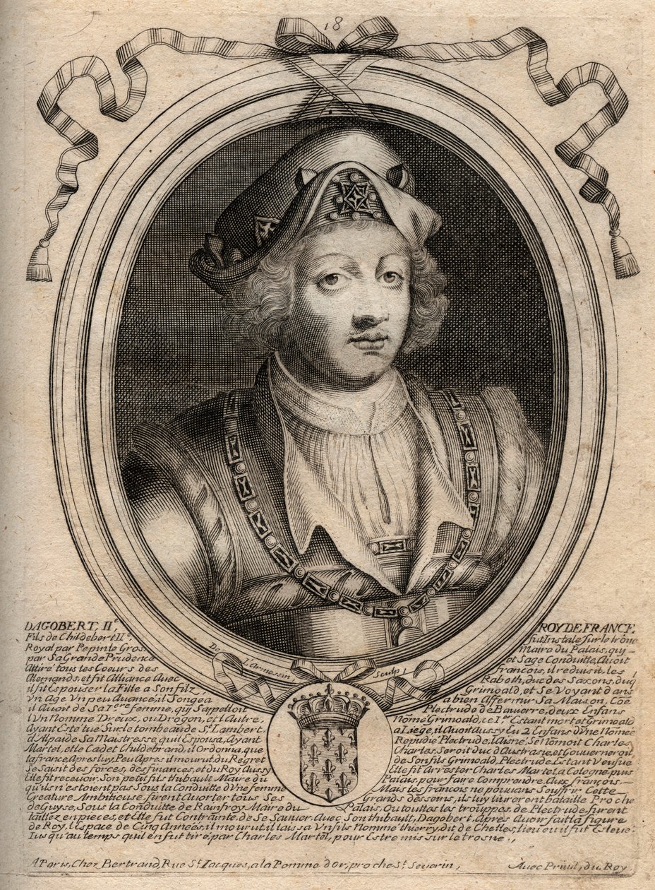 Porträtt av Dagobert II, kung av francen av 711a 716 - Dagobert II (676-679), kung av Austrasien - gravyr från 