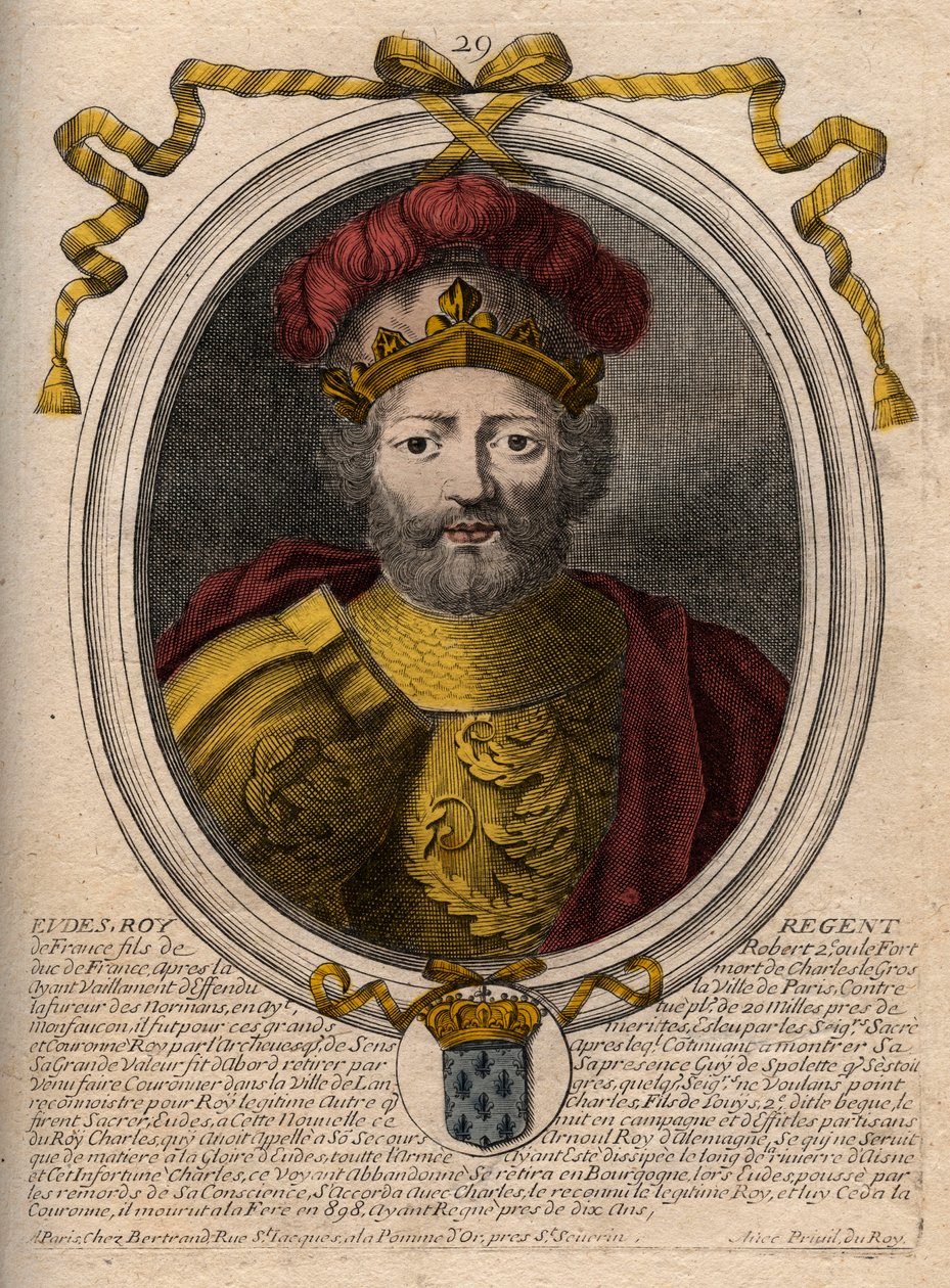 Porträtt av Eudes (Odon) (v. 860 - 898), greve av Paris och Troyes, då kung av Frankrike - EUDES greve av Paris vald till fransk tron efter avsättningen av kejsaren Karl - gravyr från 