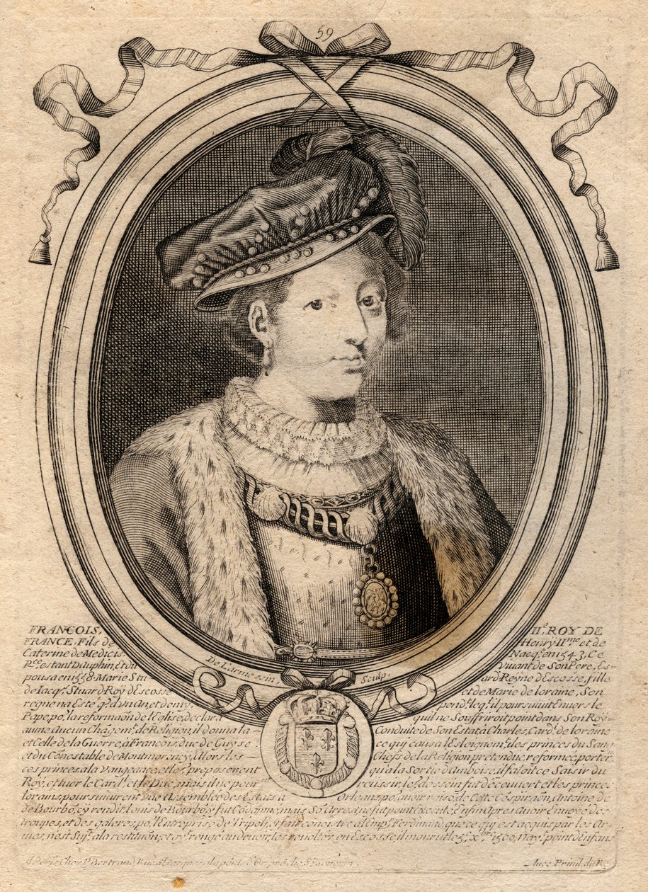 Porträtt av Francois II (1544-1560) Kung av Frankrike - Francois (Francis) II (1544-60) - gravyr från 