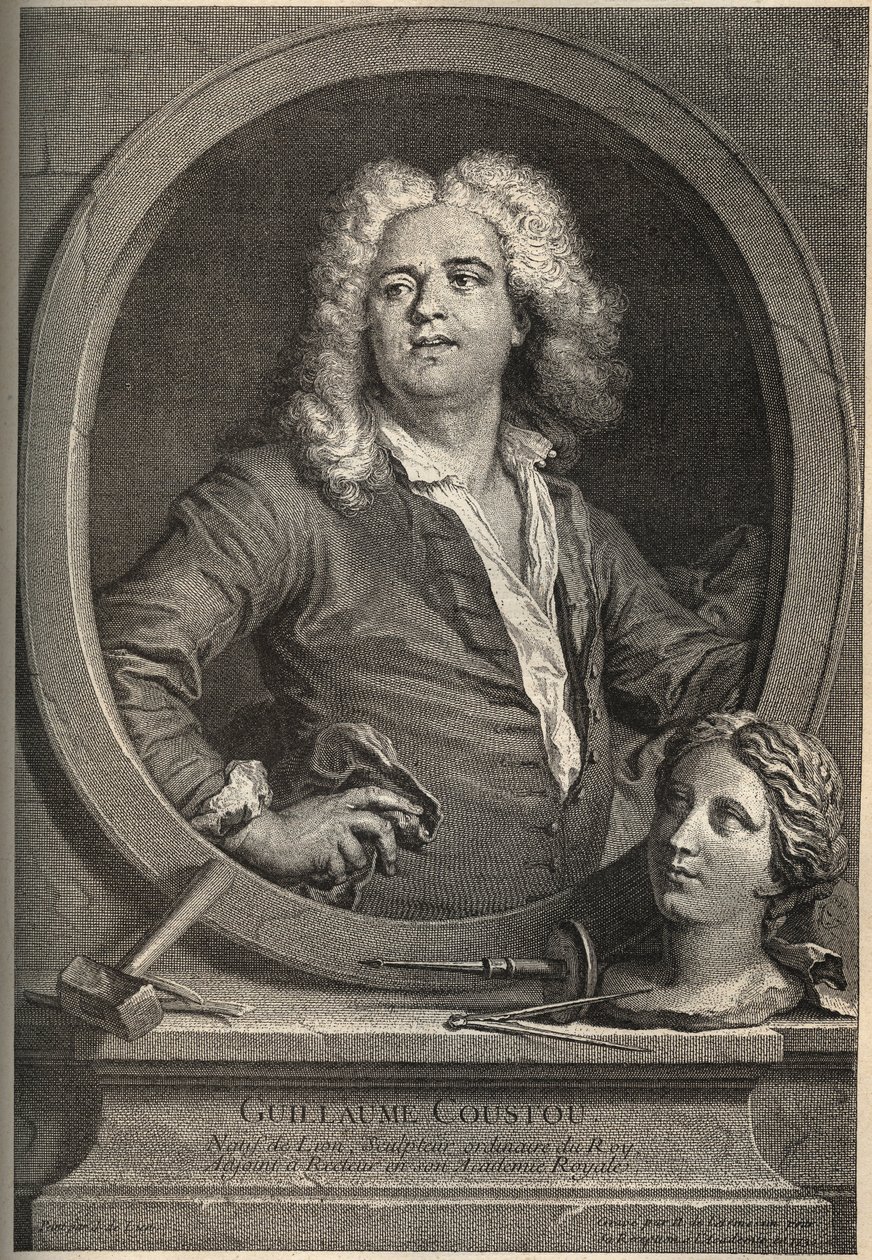 Porträtt av Guillaume Coustou (1677-1746) fransk skulptör - gravyr av Larmessin efter J.de Lien av de Larmessin