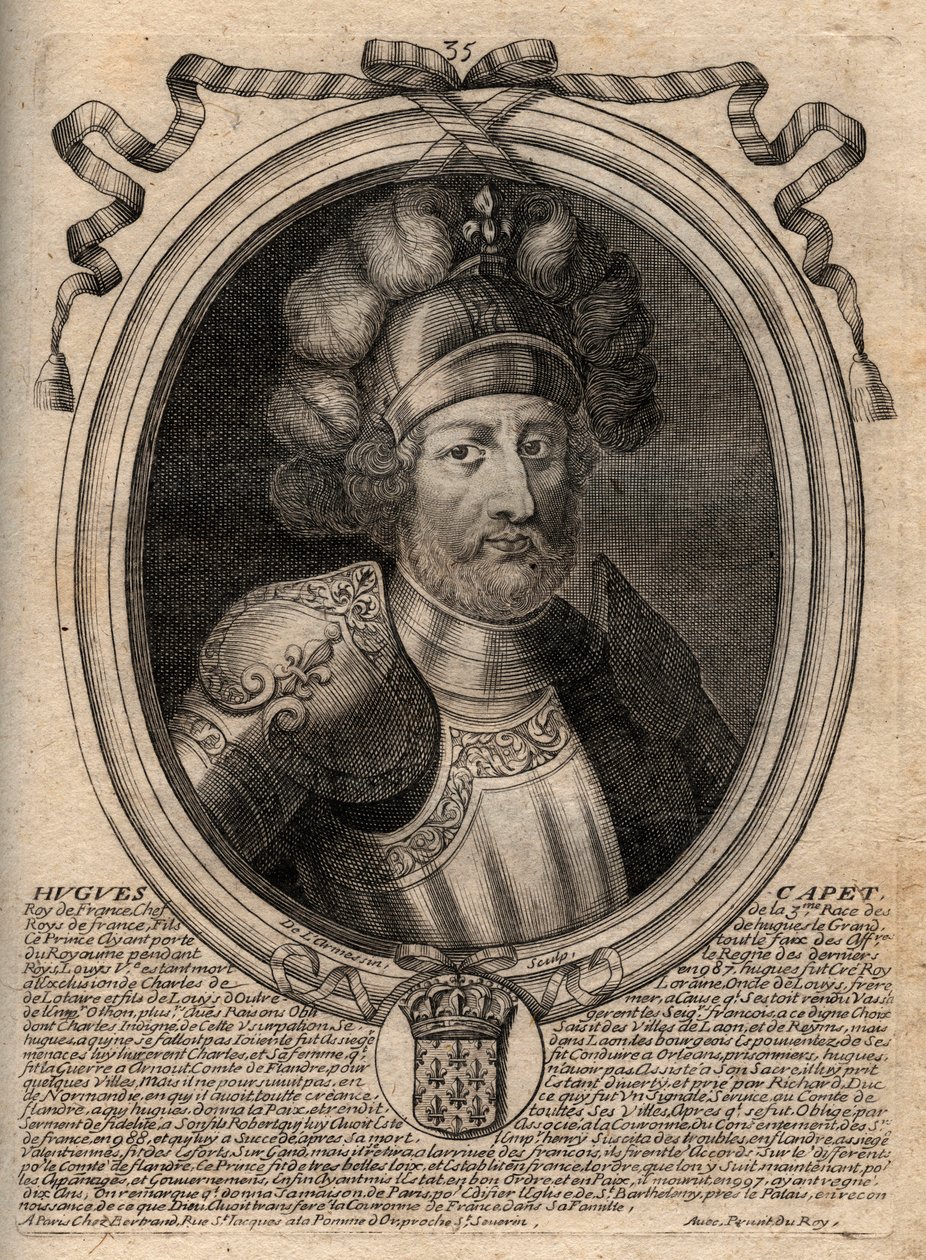 Porträtt av Hugues I Capet (ca 941 - 996), hertig av Frankrike och sedan kung av Frankrike - Porträtt av Hugues I Capet (c.941-996), kung av Frankrike - gravyr från 