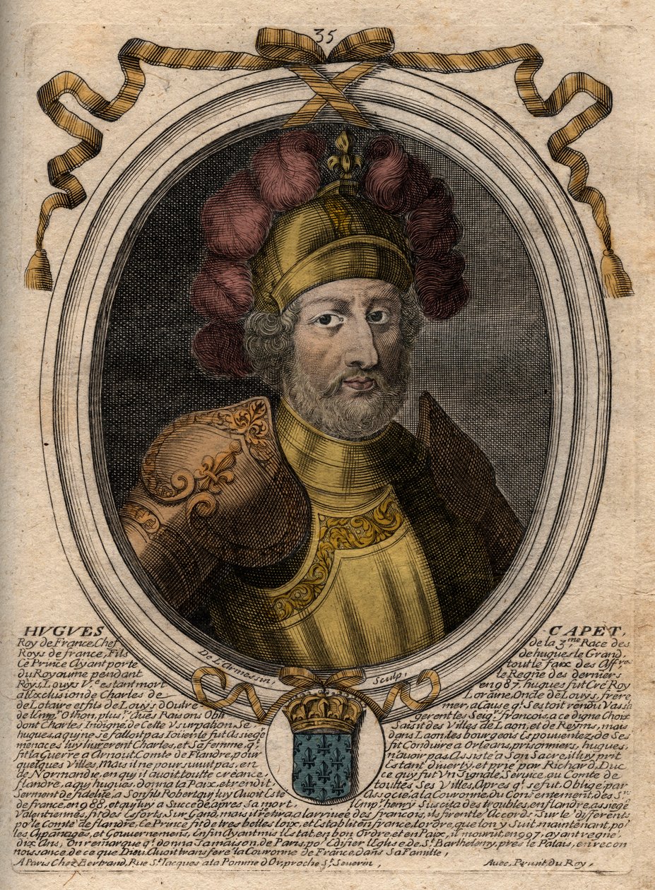 Porträtt av Hugues I Capet (ca 941 - 996), hertig av Frankrike då kung av Frankrike - Porträtt av Hugues I Capet (c941-996), kung av Frankrike - gravyr från 