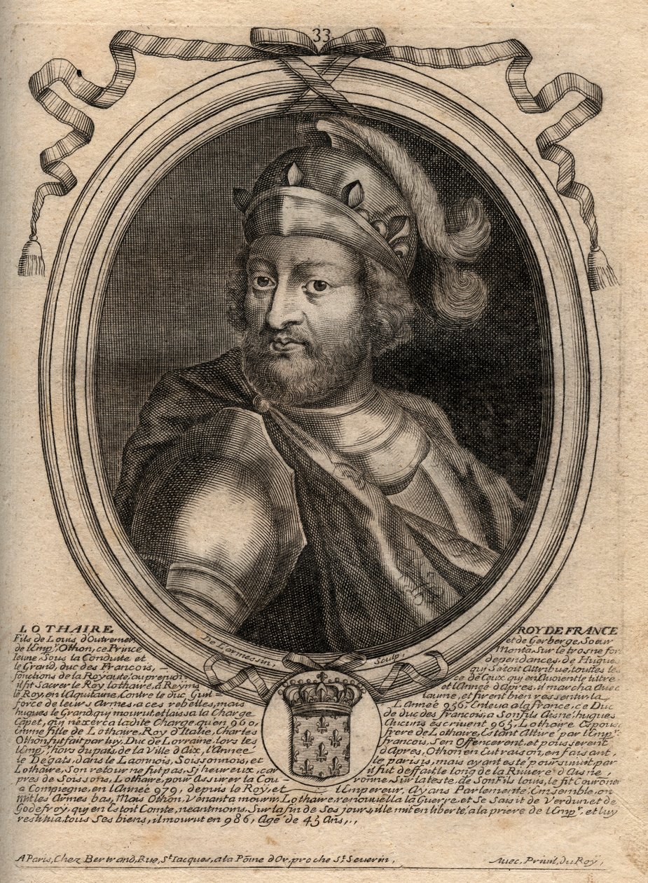 Porträtt av Lothair (941 - 986), Frankernas kung - Lothair (941-986) Frankrikes kung - gravyr från 