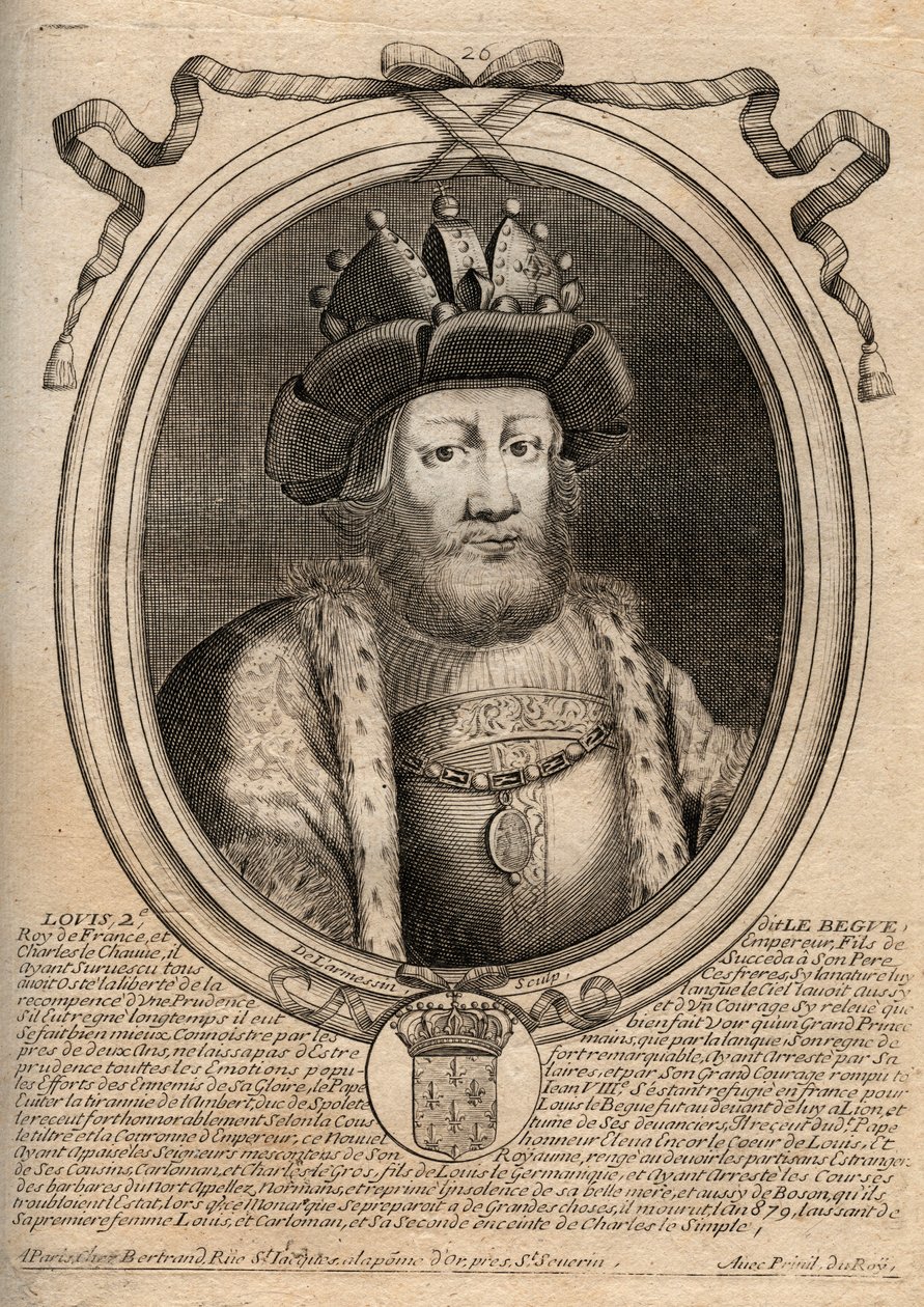 Porträtt av Ludvig II the Begue eller svimningen (846 - 879), kung av Francs - Ludvig II Stammeraren 848 till 879 - gravyr från 