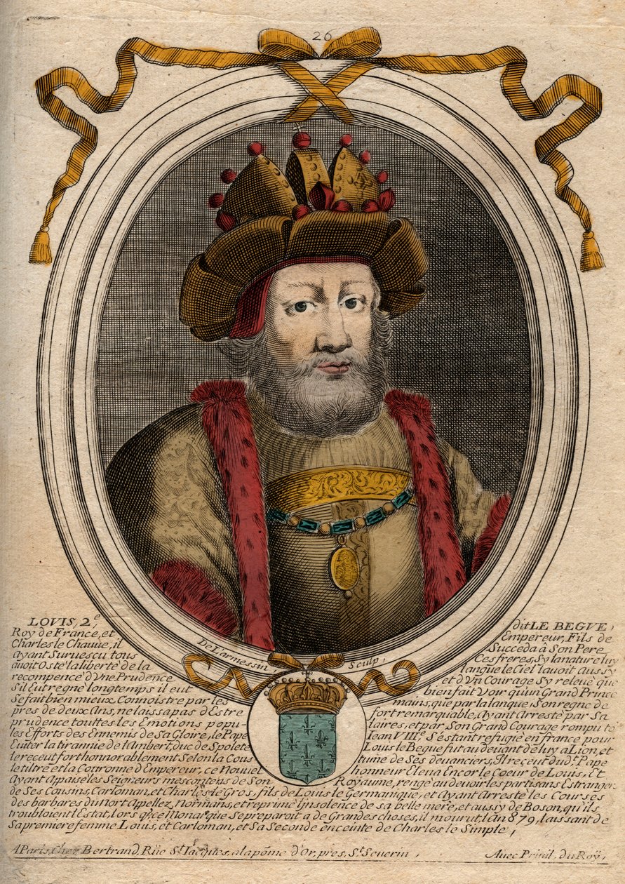 Porträtt av Ludvig II Begue eller Svimningen (846 - 879), Frankernas kung - Ludvig II Stammeraren 848 till 879 - gravyr från 