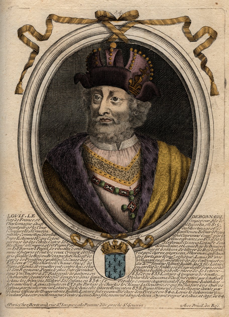 Porträtt av Ludvig I den fromme eller "" Debonnaire" (778-840), Frankrikes kung - Ludvig I den fromme (778-840) Frankrikes kung, helige romerske kejsare - gravyr från 