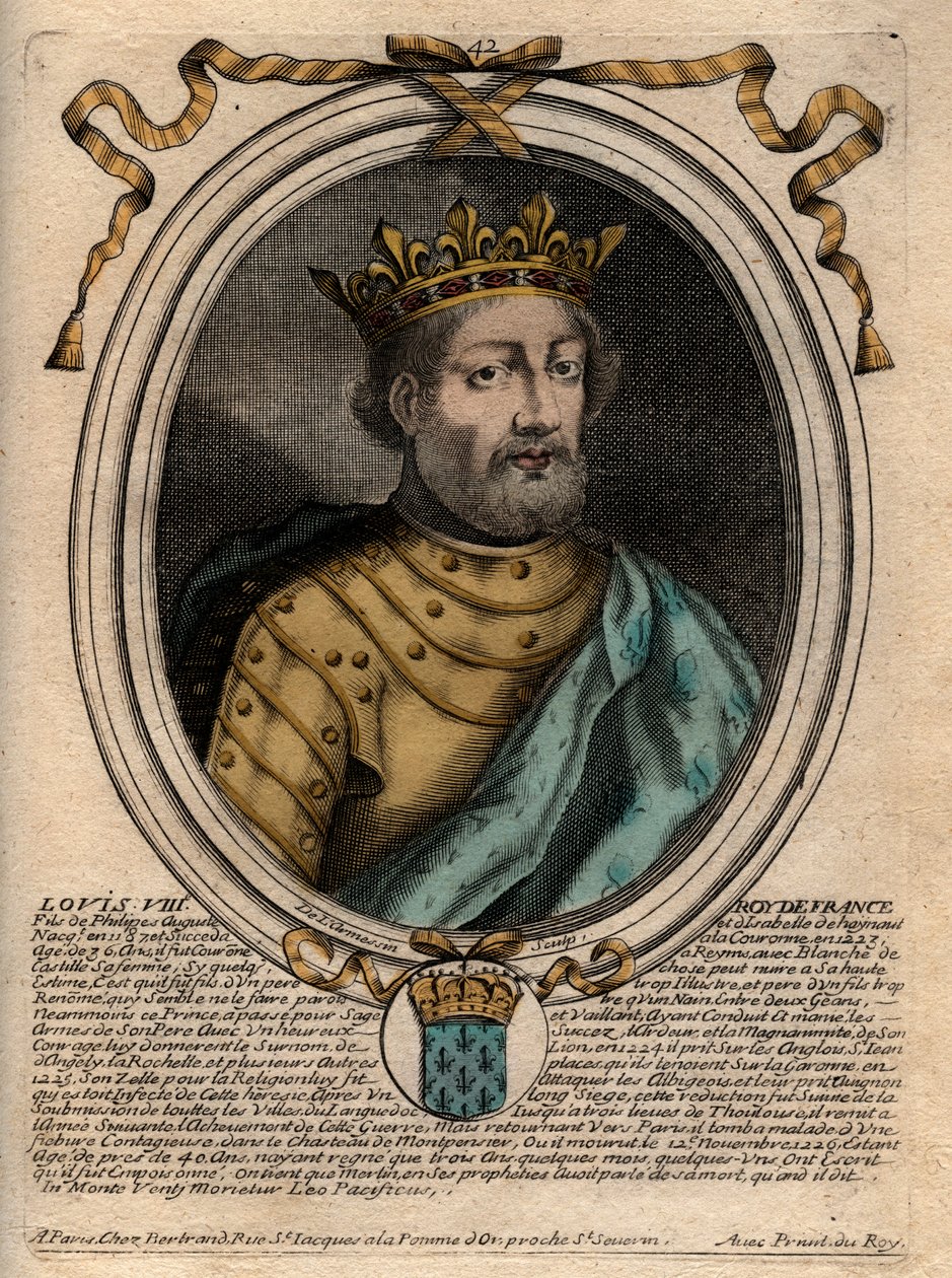 Porträtt av Ludvig VIII (1187-1226), Frankrikes kung - Ludvig VIII (1187-1226) Frankrikes kung - Gravyr från "" Les Augustes representationer av alla Frankrikes kungar från Pharamond till Ludvig XIV"", Paris av de Larmessin