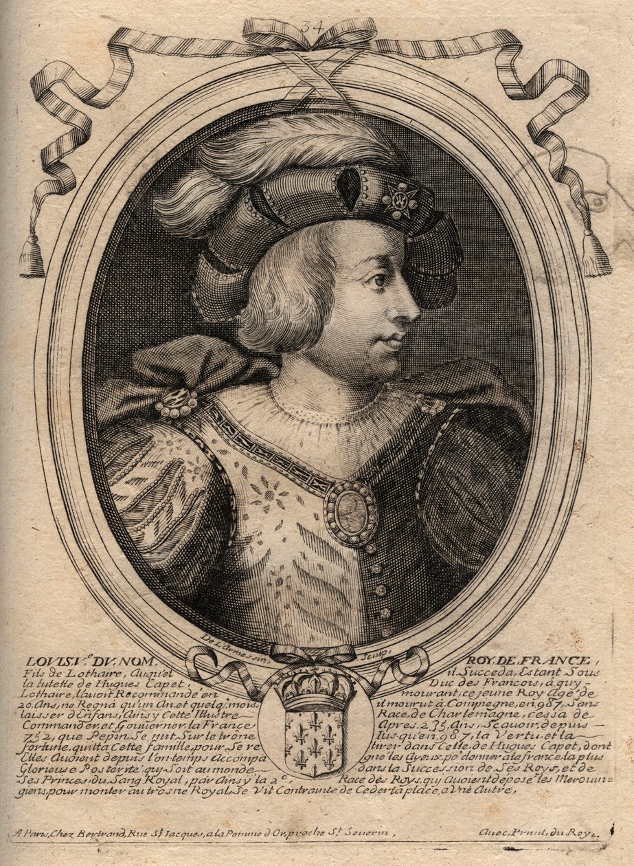 Porträtt av Ludvig V den svime (967 - 987), Frankrikes kung - Ludvig V den Indolente (967-987) gravyr från 