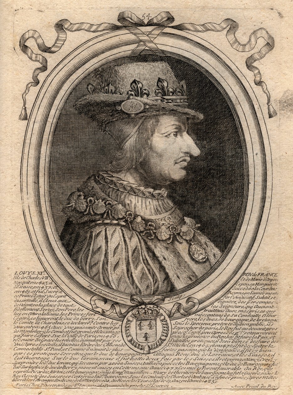 Porträtt av Ludvig XI (1423-1483), kung av Frankrike - Porträtt av Ludvig XI av Frankrike (1423-1483), kung av Frankrike - gravyr från 