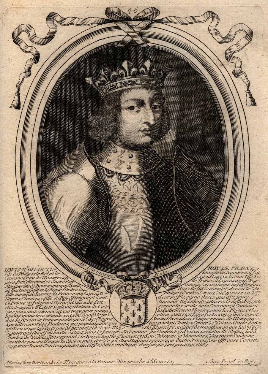 Porträtt av Ludvig X Hutinen (1289 - 1316), Frankrikes kung - Ludvig X (1289-1316) den envise, kungen av Frankrike och Navarra - gravyr från 