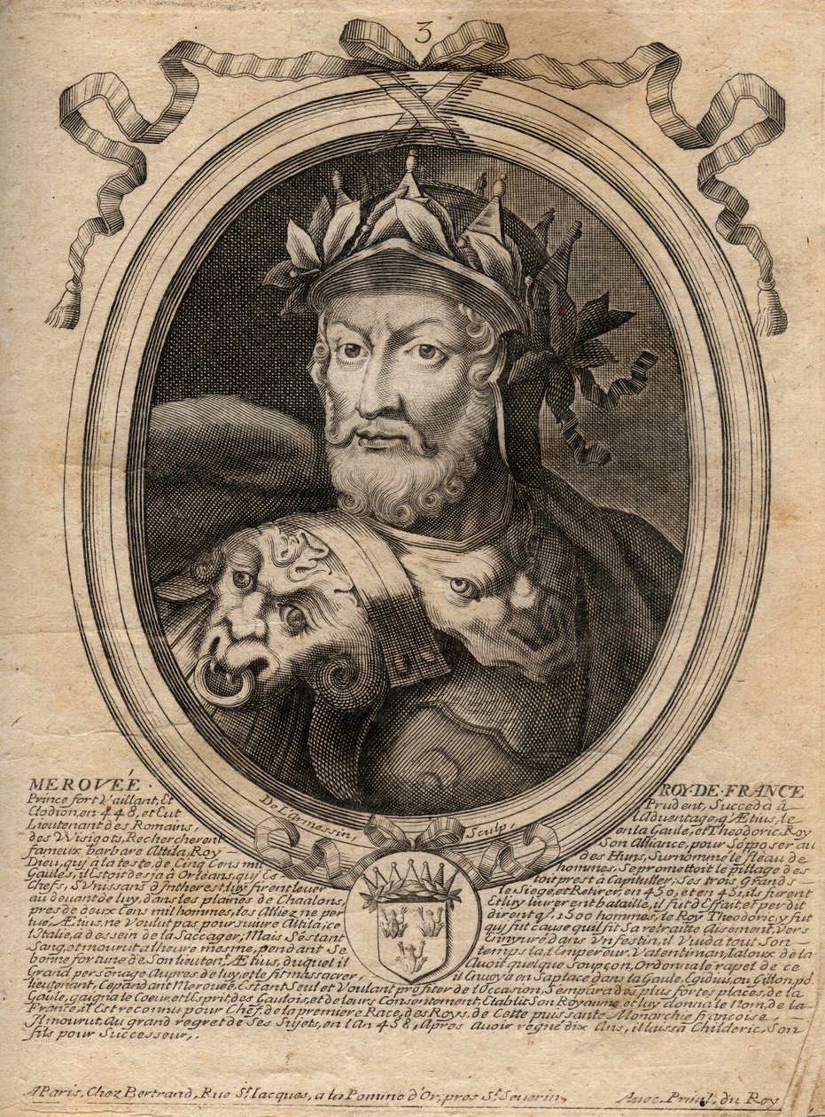 Porträtt av Merovech (Meroveus) (d.456) kung av de saliska frankerna - gravyr från 