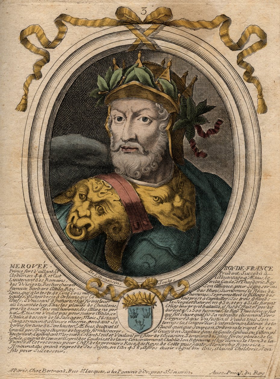 Porträtt av Merovee eller Merovech, franckung (v448-v458), första kung av den merovingerska rasen - Porträtt av Merovech (Meroveus) (d456) Kung av Salian Franks - gravyr från 