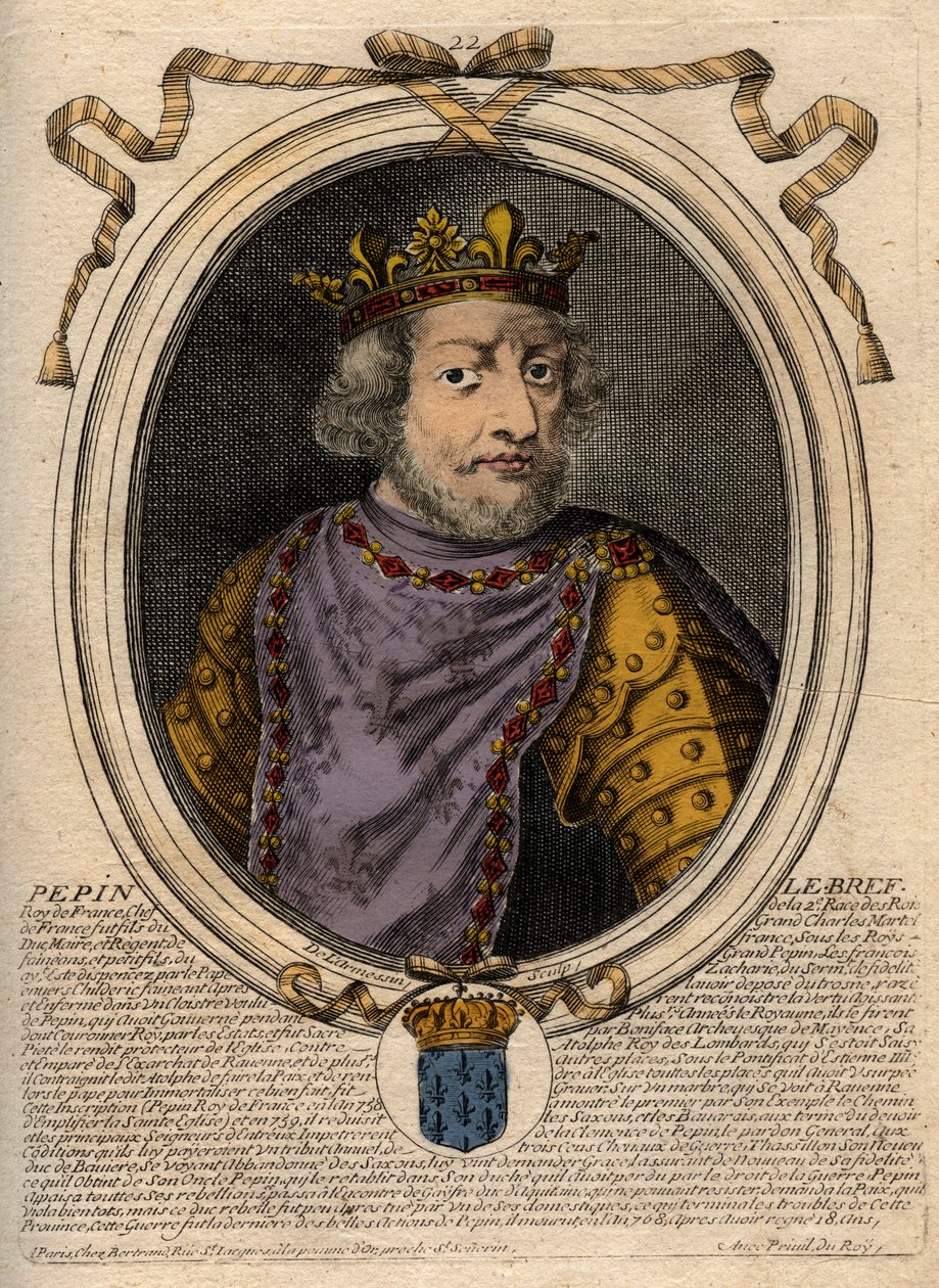 Porträtt av Pepin III dit Pepin le Brief (714-768) kung av Frankrike - Pepin III (714-768) (Pepin den Korte) Frankernas kung - gravyr från 