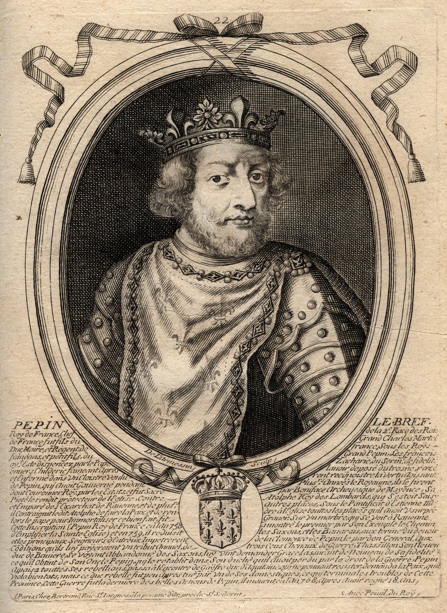 Porträtt av Pepin III dit Pepin le Brief (714-768) kung av Frankrike - Pepin III (714-68) (Pepin den Korte) Frankens kung - gravyr från 