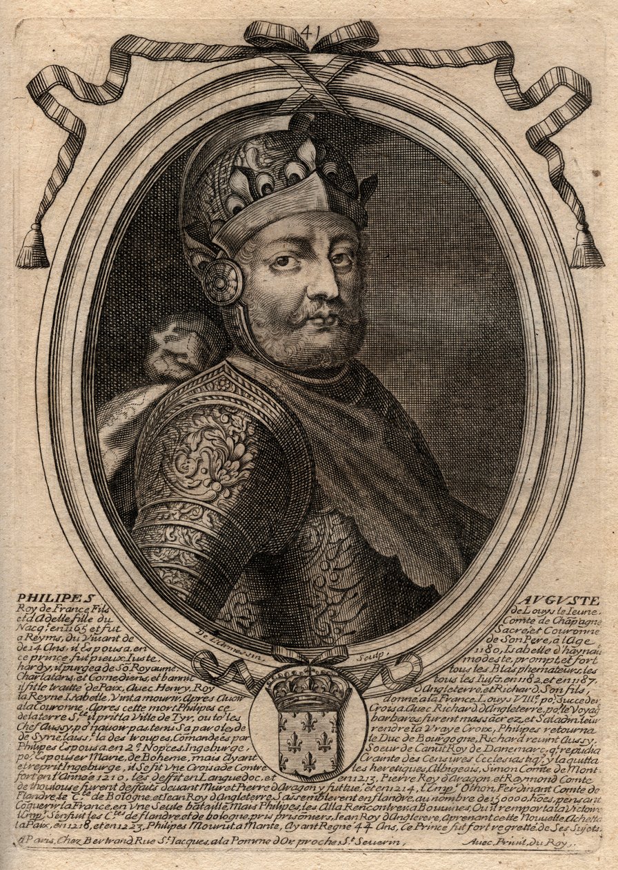 Porträtt av Philip II dit Philippe Auguste (1165-1223) - Philip Augustus II (1165-1223) Kung av Frankrike - gravyr från 