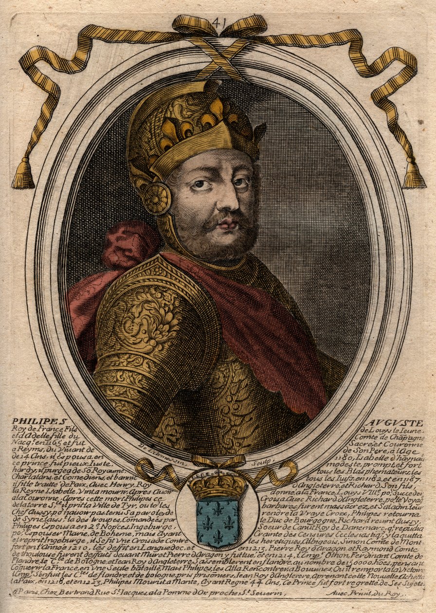 Porträtt av Philip II dit Philippe Auguste (1165-1223) - Philip Augustus II (1165-1223) Kung av Frankrike - gravyr från 