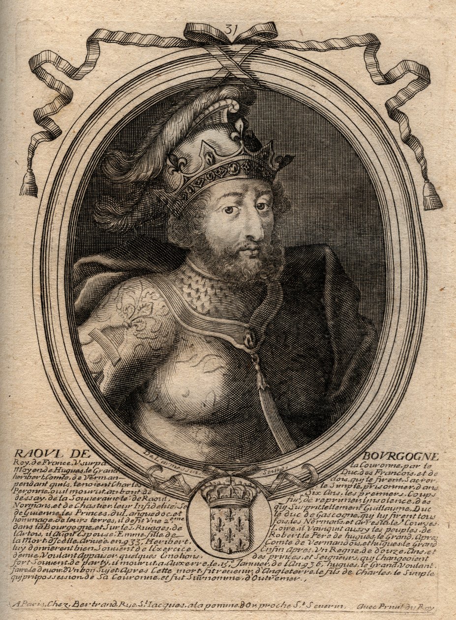 Porträtt av Raoul av Frankrike (eller Rodolphe, ca 890-936) Frankernas kung - Rudolph (Raoul, Rodolphe) av Bourgogne, kung av Frankrike (923-936) - gravyr från 