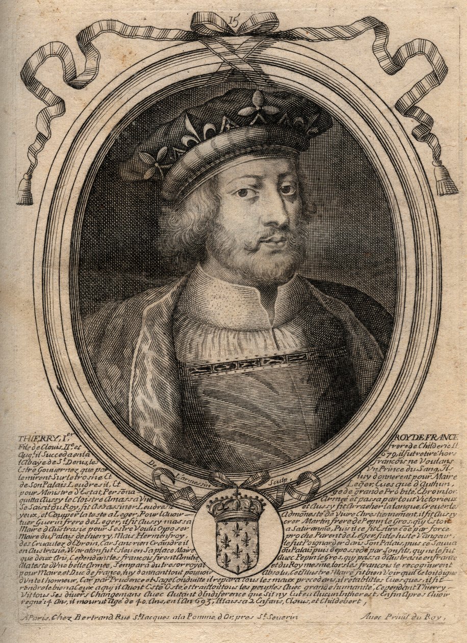Porträtt av Thierry III (ca 657-691), kung av frankerna av Neustrien (673-675) och kung av alla franker (679-691) På boken står det "" Thierry I""" men det är en misstag - Theuderik III (Theuderich, Theoderic, Theodoric), kung av Neustrien (673-675) a av de Larmessin