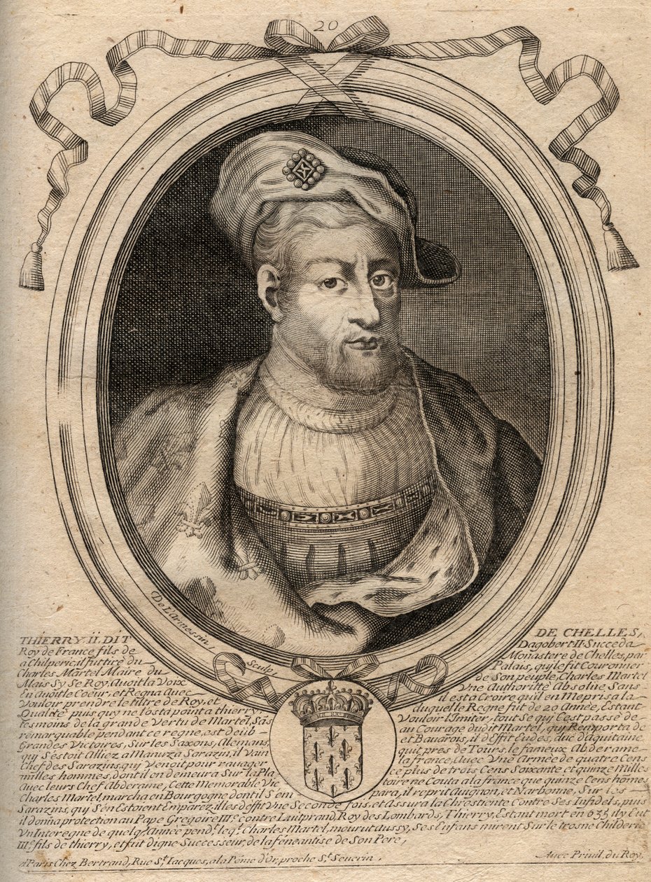 Porträtt av Thierry IV (713-737) kung av frankerna från 721 till 737 - THIERRY IV (Theodoric) kung av frankerna - gravyr från 