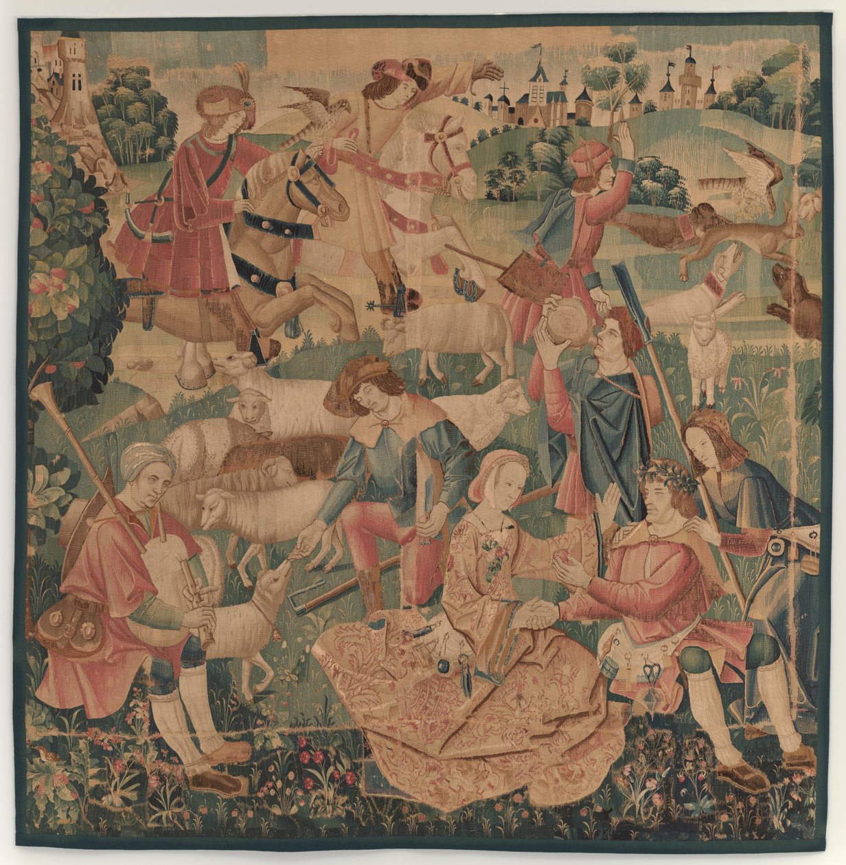 Jakt och pastorala scener, med en kransad hjälte mellan damer av design probably French 16th Century, Paris; woven in southern Netherlands or Paris in an undetermine workshop