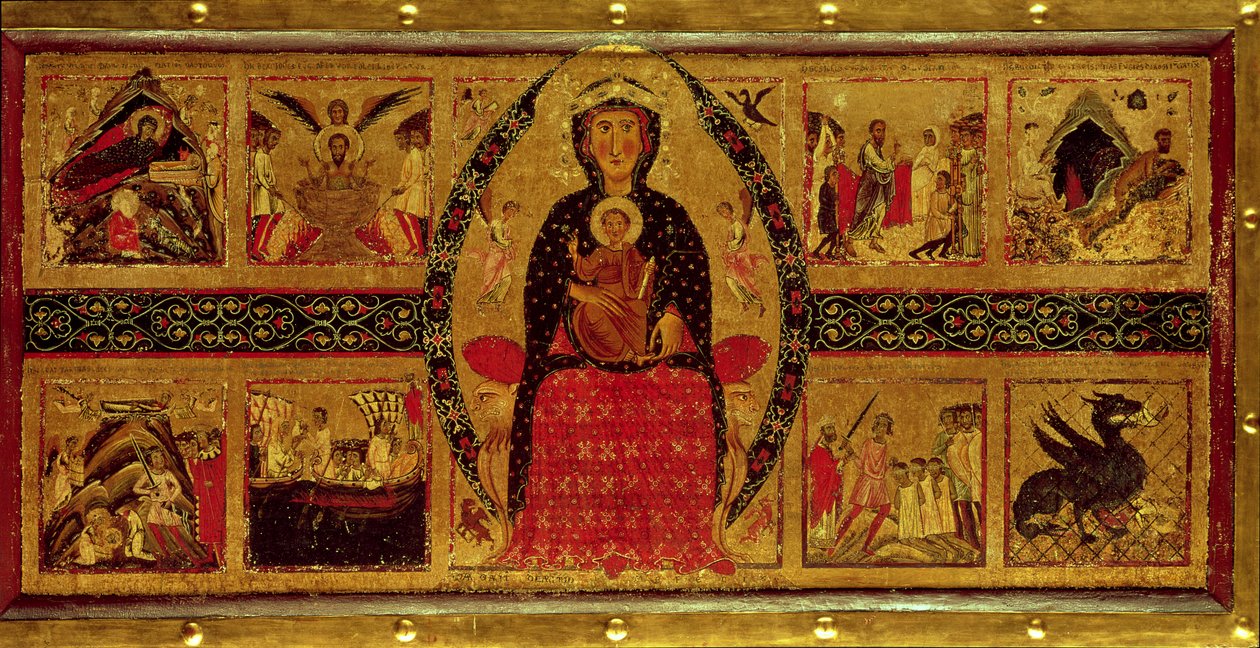 Jungfrun och barnet på tronen, med scener av födseln och de heligas liv, 1260 av di Magnano da Arezzo Margaritone