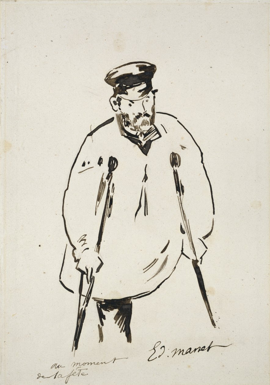 Man on Crutches (grafit med rörpenna och svart bläck på vitt papper med fin textur) av Édouard Manet