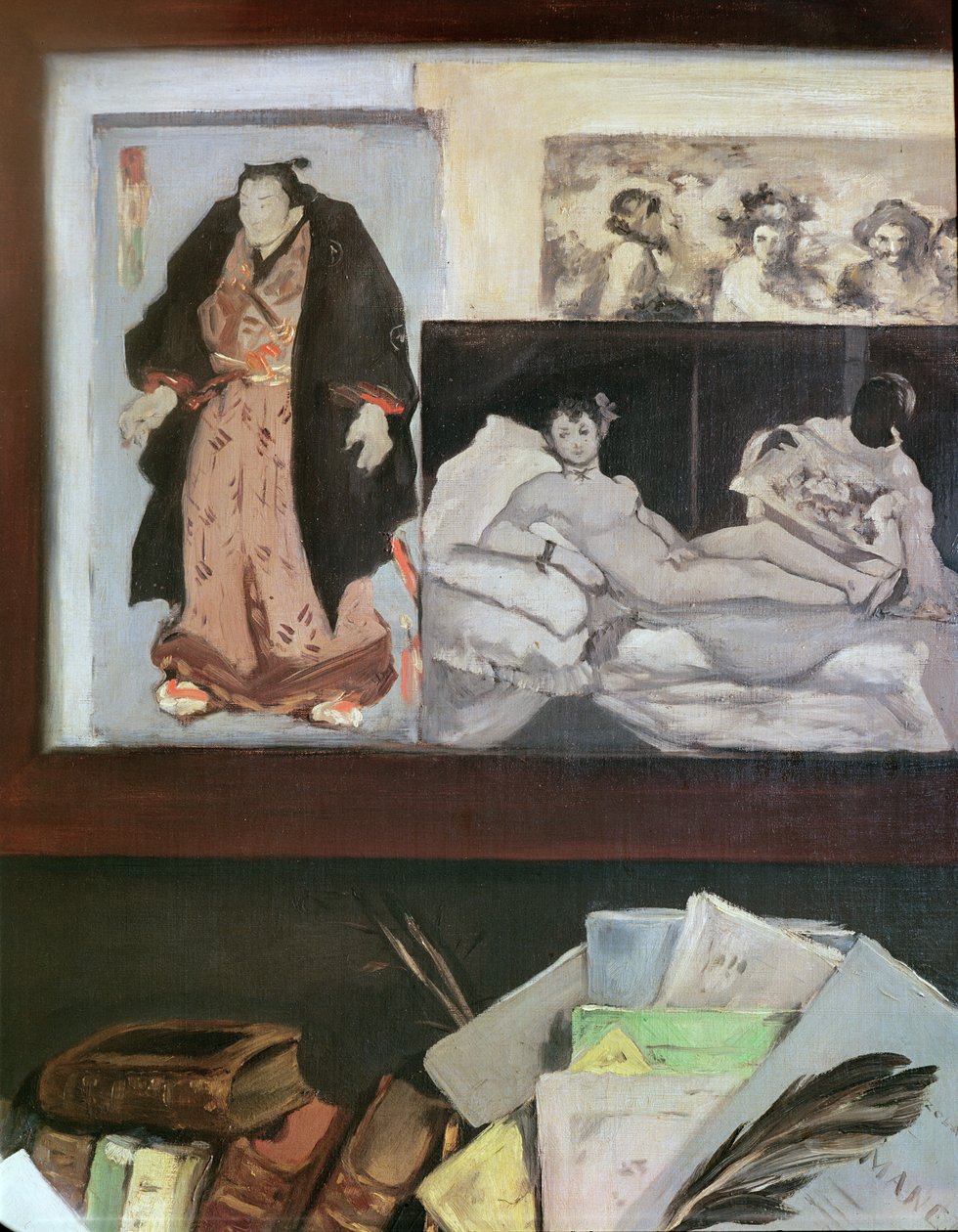 Porträtt av Emile Zola (1840 - 1902) (detalj av den övre högra väggen föreställande japanska tryck, 