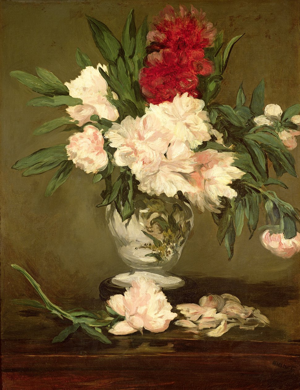 Vas med pioner på en liten piedestal, 1864 av Édouard Manet
