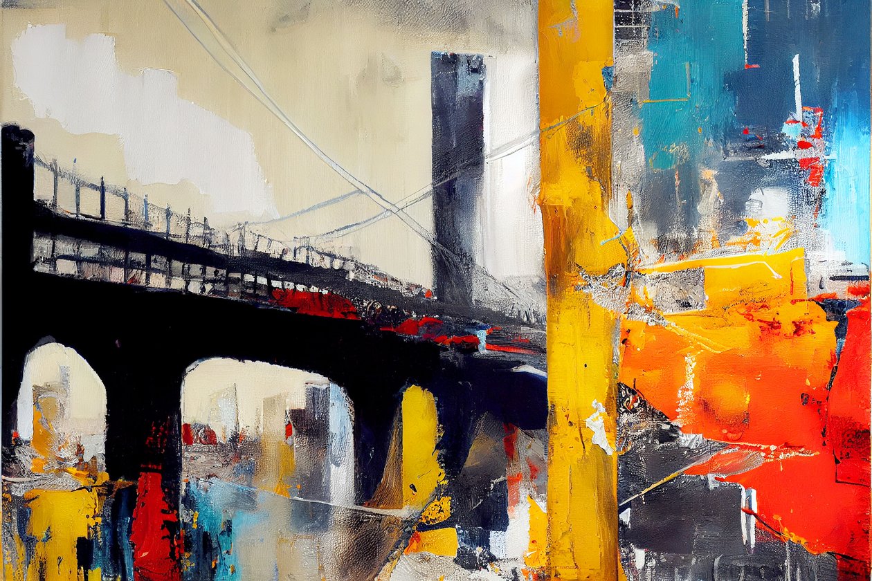 Abstrakt bridge canvas målning, Blå  Orange färg, tryck på begäran av F. Abderrahim