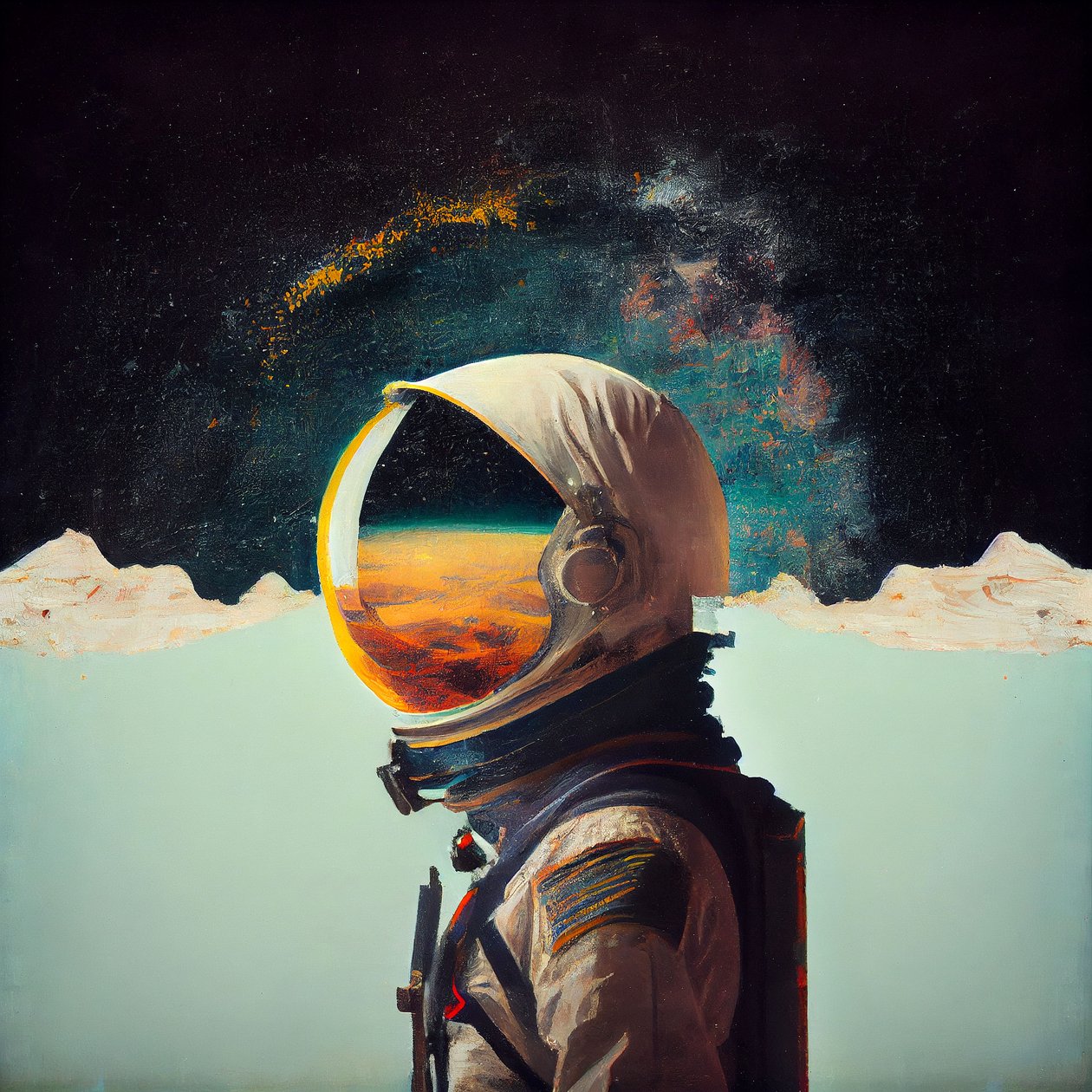 Abstrakt ensam astronautmålning i rymden, väggkonsttryck av F. Abderrahim