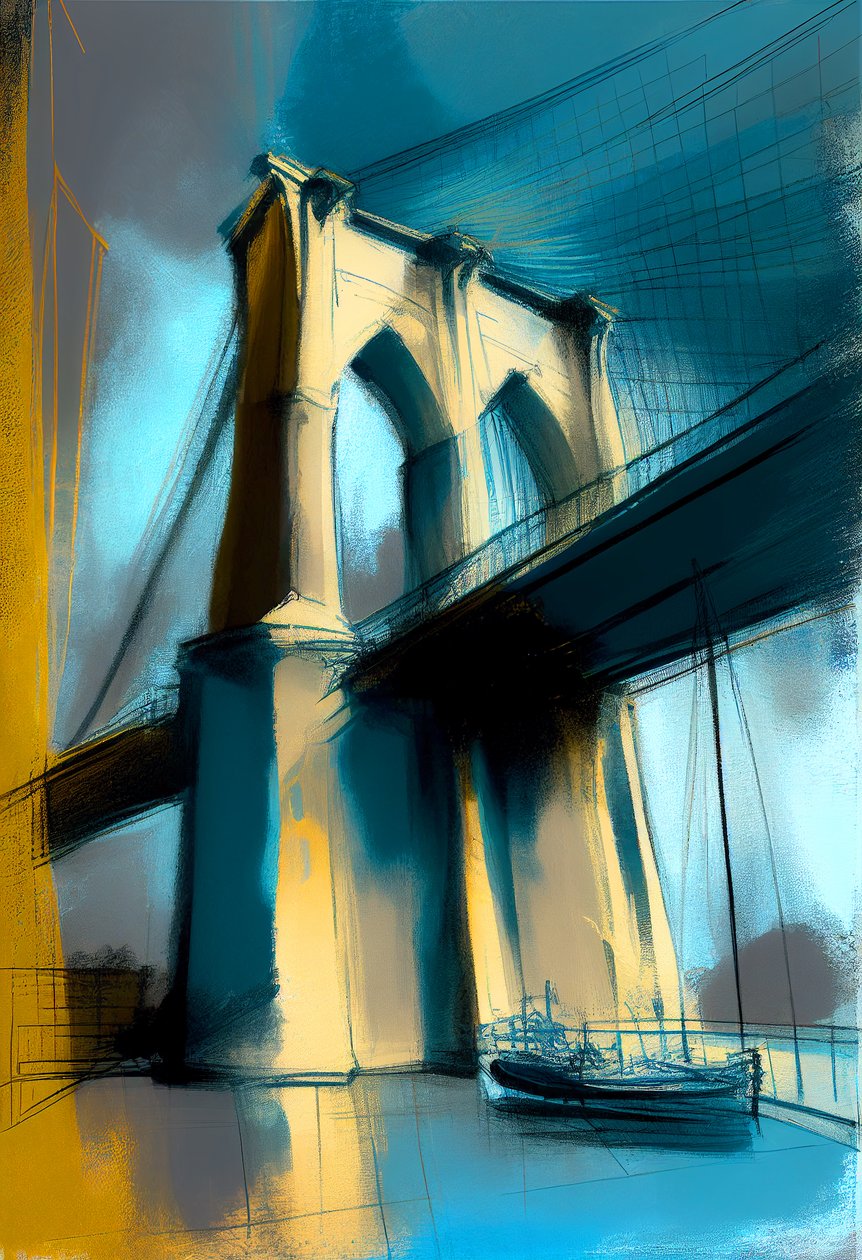 Abstrakt skiss Brooklyn bridge målning på duk, väggkonsttryck av F. Abderrahim