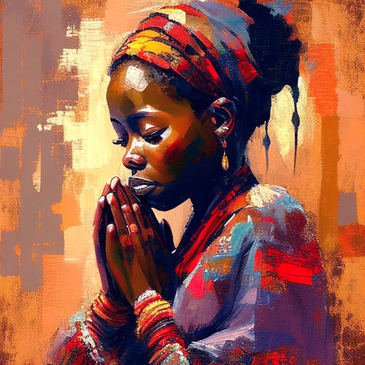 Digital canvasmålning: Afrikansk flicka i meditation, väggkonsttryck av F. Abderrahim