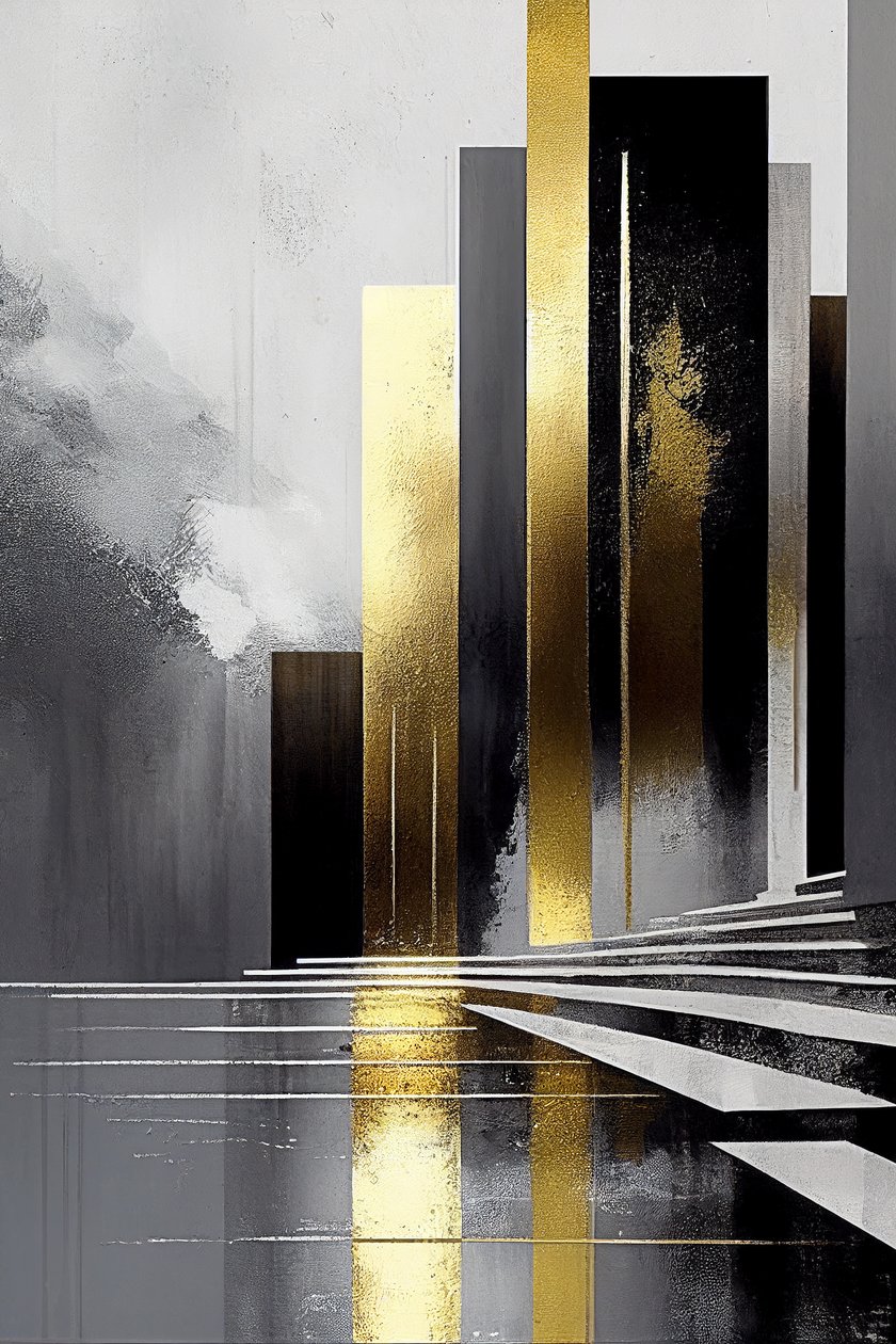 Minimal abstrakt målning färgpalett av grått och guld av F. Abderrahim