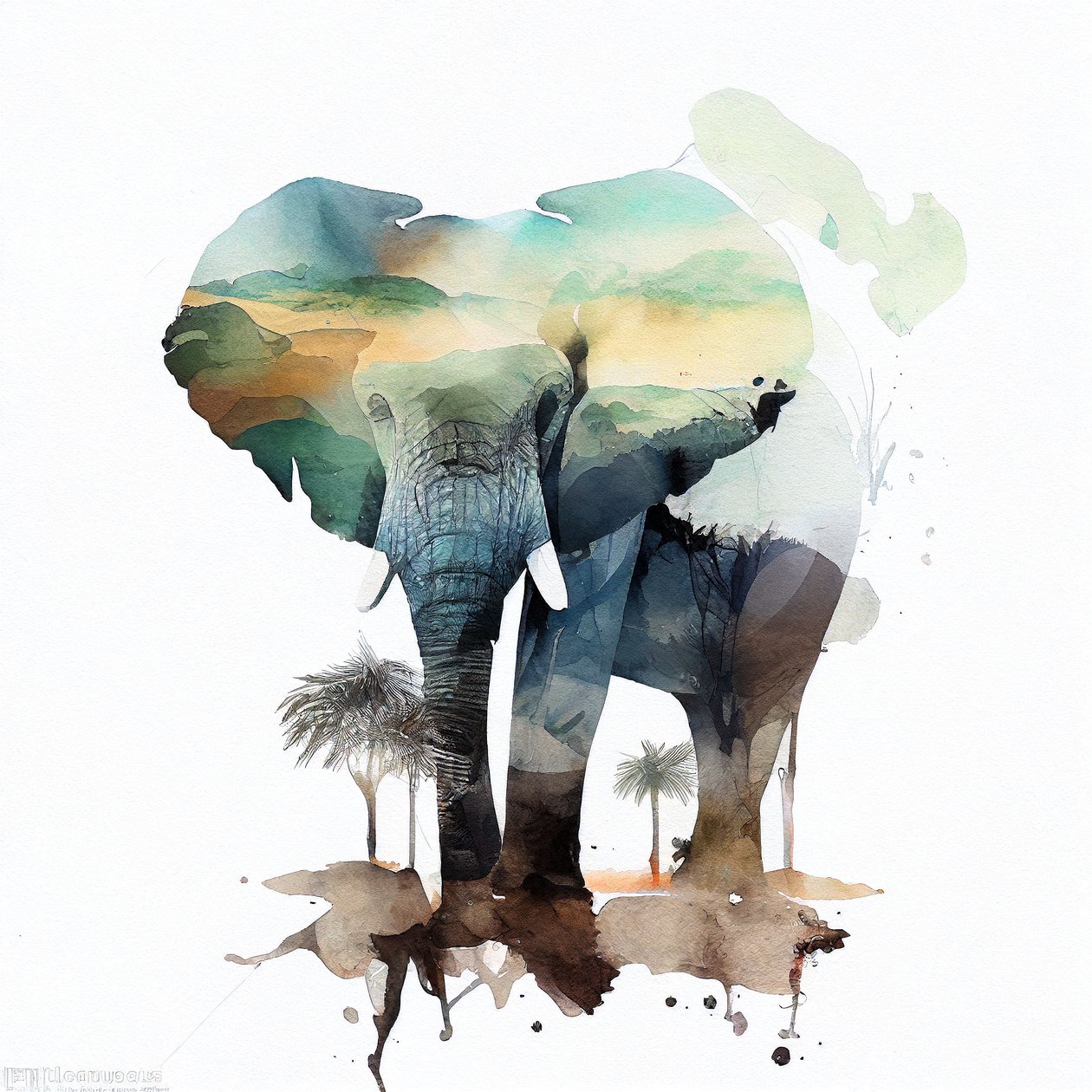 Akvarell elefant och afrikansk savannmålning, väggkonsttryck av F. Abderrahim