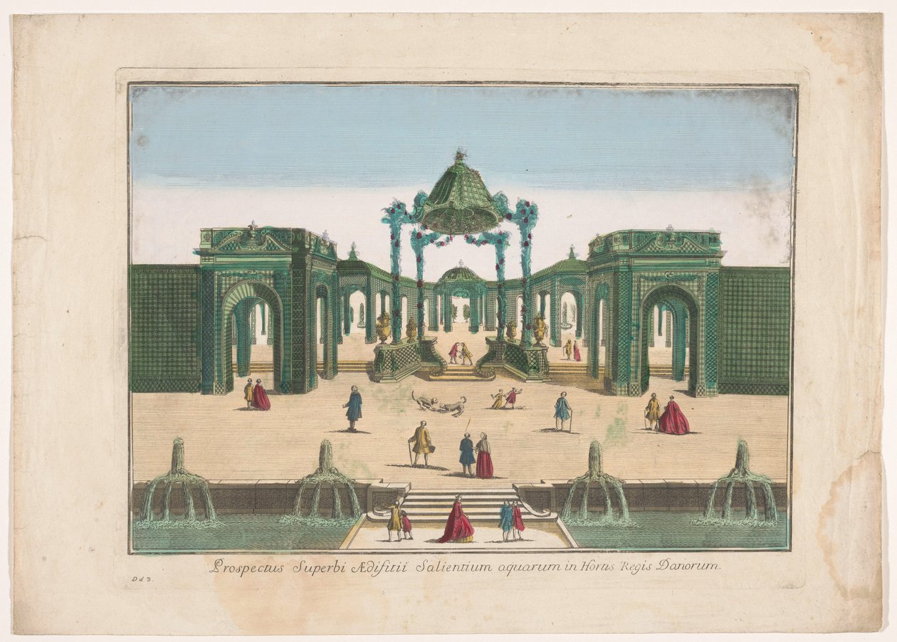 Utsikt över pergolan och fontänerna i en trädgård som tillhör kungen av Danmark Prospectus superbi aedifitii salientium aquarum in hortis regis Danorum (titel på objekt) av familie Remondini (attributed to)