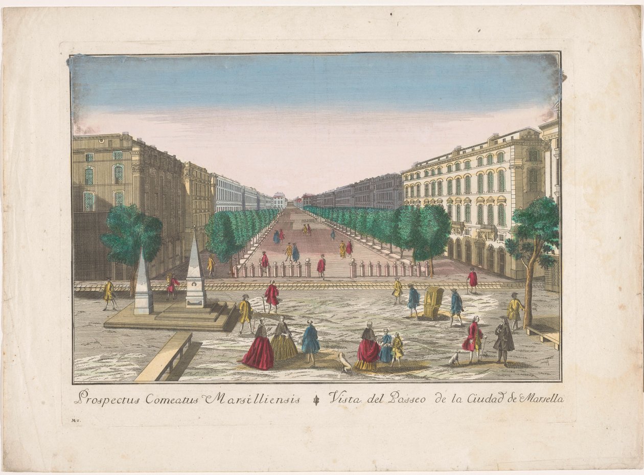 Utsikt över en strandpromenad i Marseille Vista del paseo de la ciudad de Marsella (titel på objekt) av familie Remondini (attributed to)