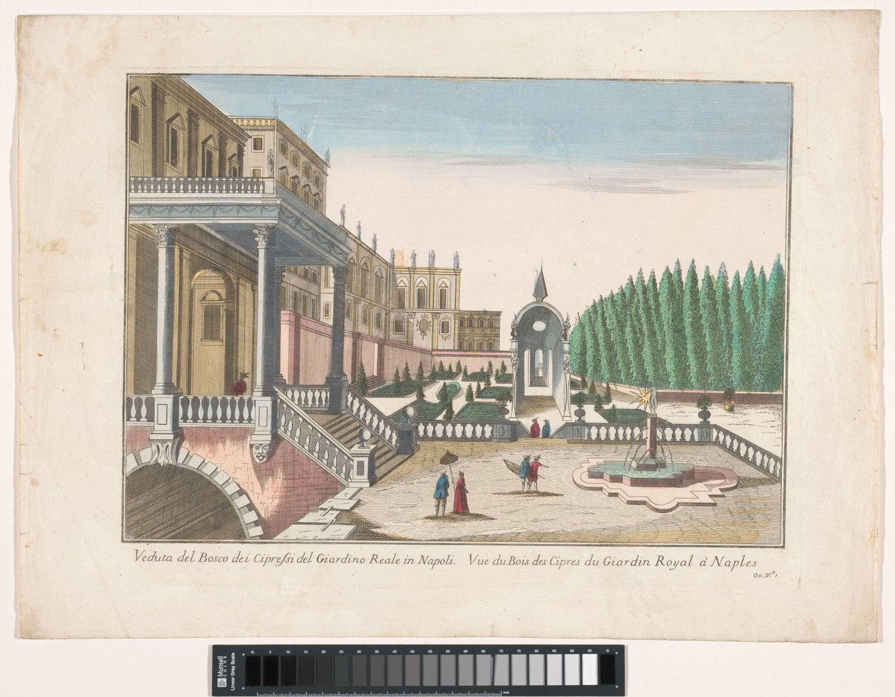 Utsikt över en trädgård och ett kungligt palats i Neapel Veduta del bosco dei cipressi del giardino reale i Napoli (titel på objekt) av familie Remondini (attributed to)