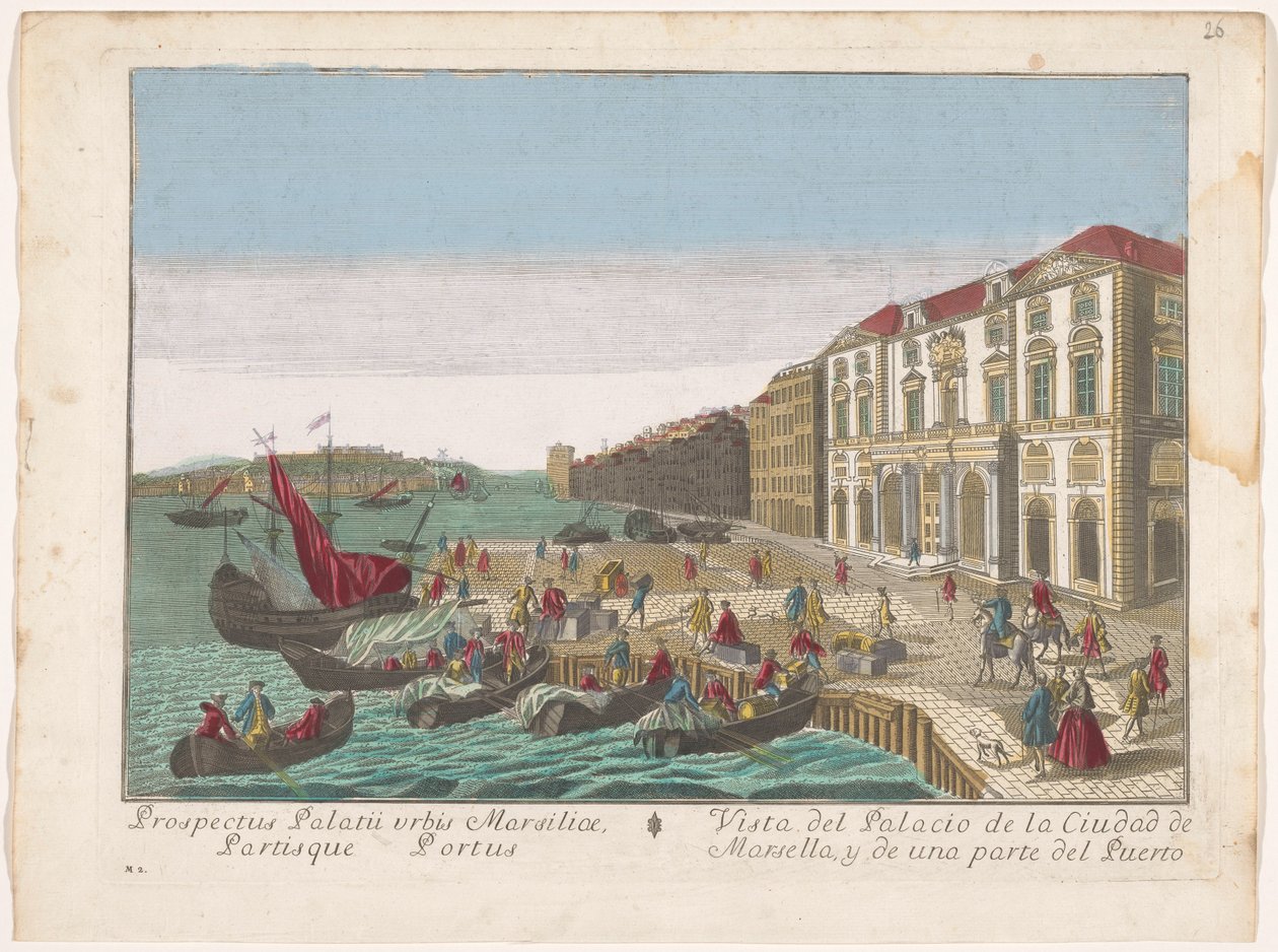 Se på Stadhuis en de haven i Marseille Utsikt över stadspalatset i Marseille och en del av hamnen (titel på objektet) av familie Remondini (attributed to)