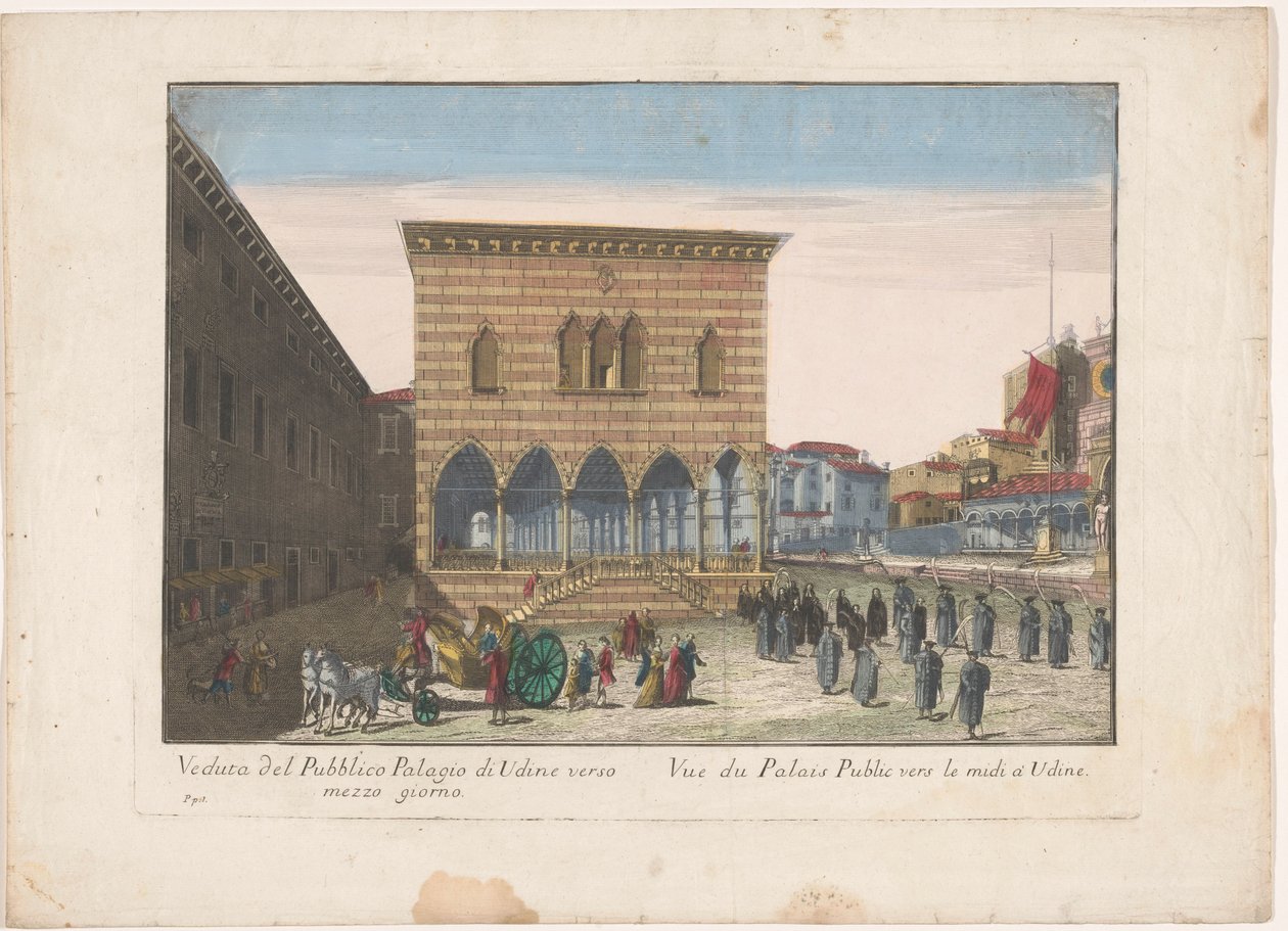 Se på Stadhuis te Udine Utsikt över det offentliga palatset i Udine mot middagstid (titel på objektet) av familie Remondini (attributed to)
