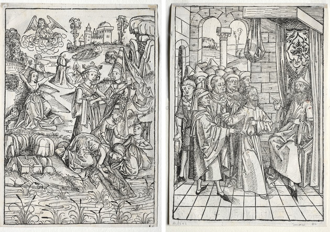 Skattvaktaren: Moses hittad av faraos dotter (recto); Skattvaktaren: Kristus före Kaifas (verso) av firm of Christophe Philippe Oberkampf