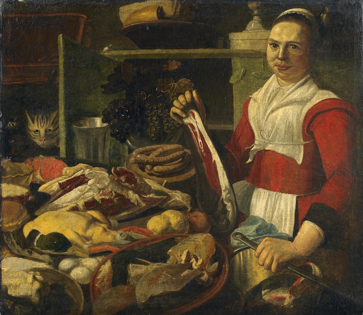 Stort kök stilleben av follower of Pieter Corneliusz. van Rijck