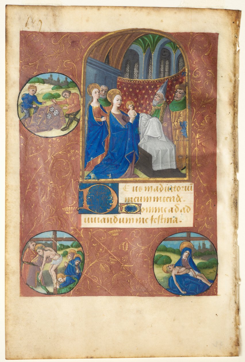 Blad från en timbok: Presentation i templet med rundlar av lottning, avsättningen och Pietà (Ingen, Jungfruns kontor) av follower of Master of Adélaïde de Savoie