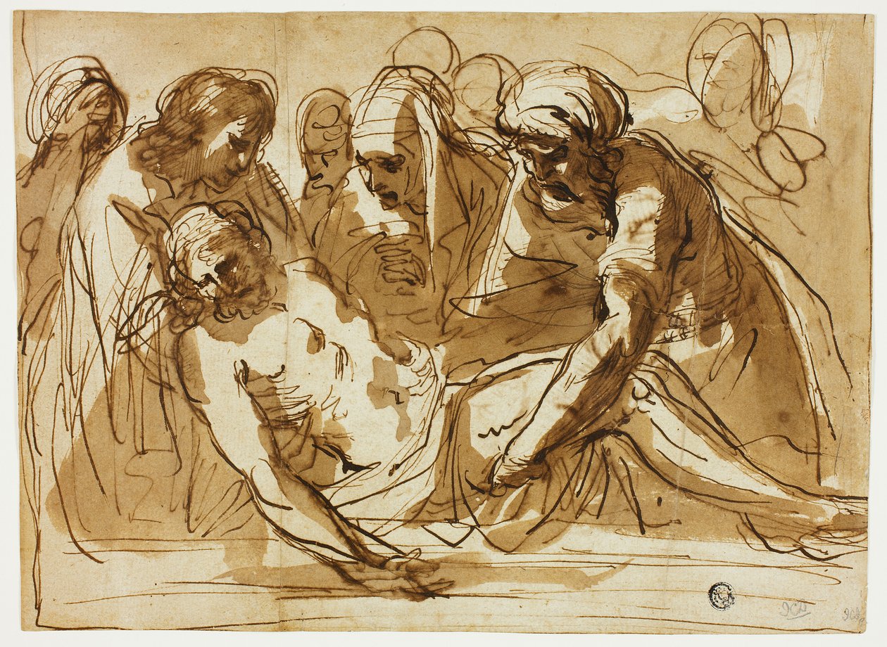 Gravläggning (recto); Jungfru och barn med spädbarnet Johannes Döparen (verso) av imitator of Guercino