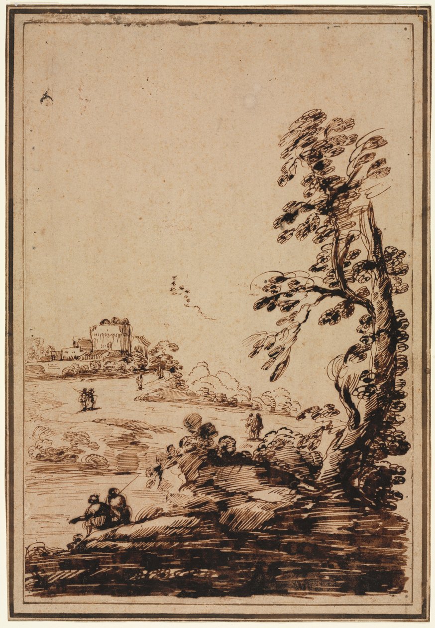 Landskap med liten grupp av byggnader av imitator of Guercino