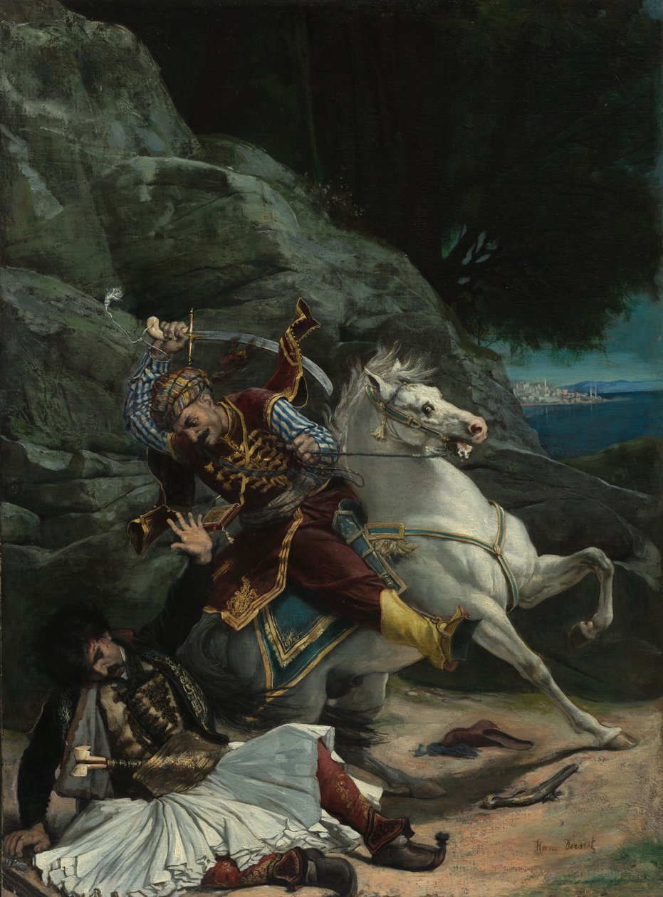 Strid mellan en grek och en turk av imitator of Horace Vernet