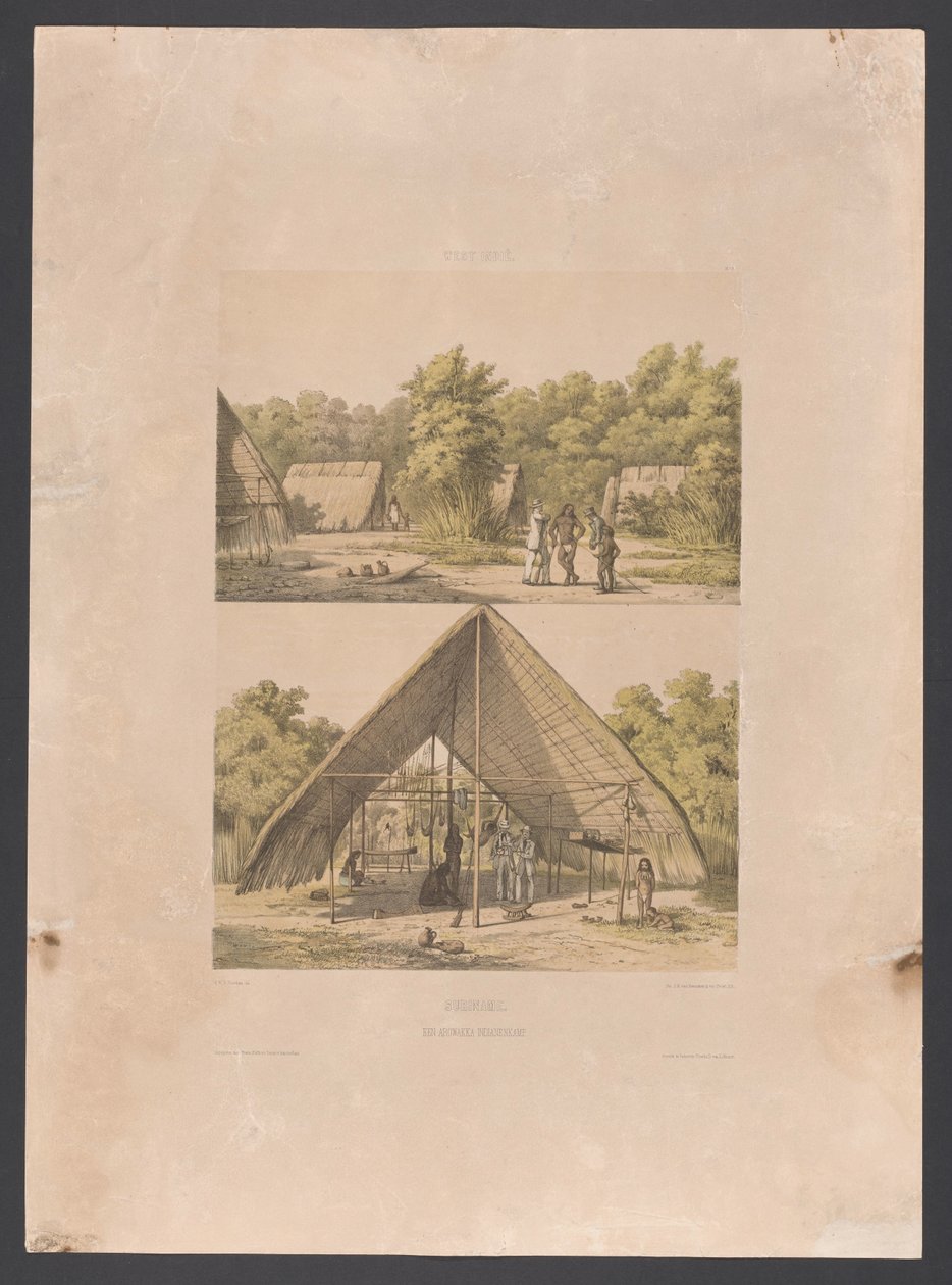 Arowak läger i Surinam Surinam. An Arowakka Indian Camp (titel på objekt) Västindien (serietitel på objekt) Utsikter från Nederländernas Västindien (serietitel) av jonkheer Jacob Eduard van Heemskerck