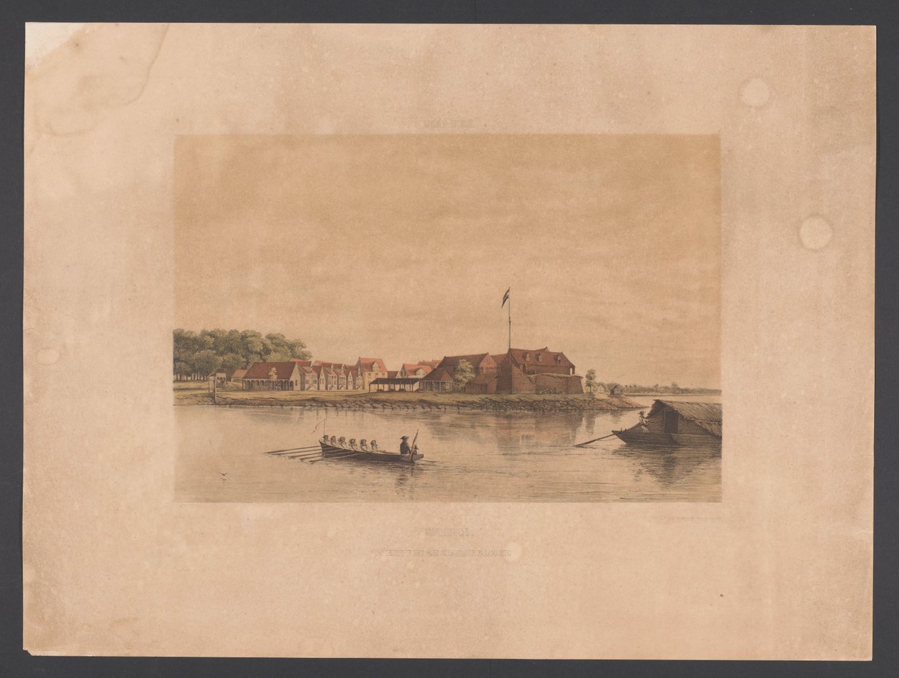 Fort Zeelandia i Paramaribo Surinam. Utsikt över Fort Zelandia i Paramaribo (titel på objekt) Västindien (serietitel på objekt) Utsikter från Nederländernas Västindien (serietitel) av jonkheer Jacob Eduard van Heemskerck