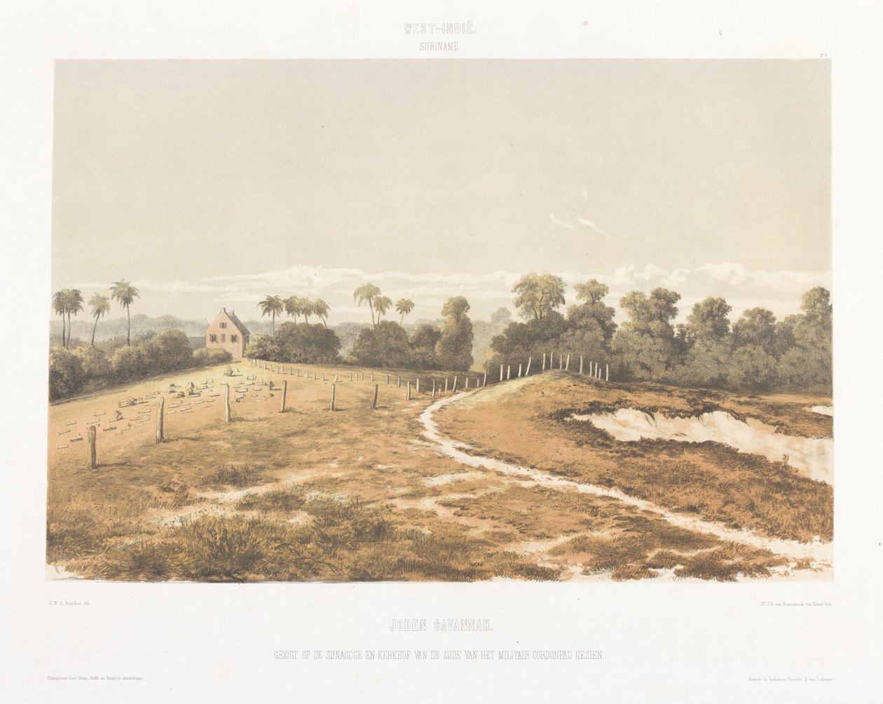 Utsikt över synagogan och kyrkogården sett från Cordonpad Utsikter från Nederländernas Västindien (serietitel) av jonkheer Jacob Eduard van Heemskerck